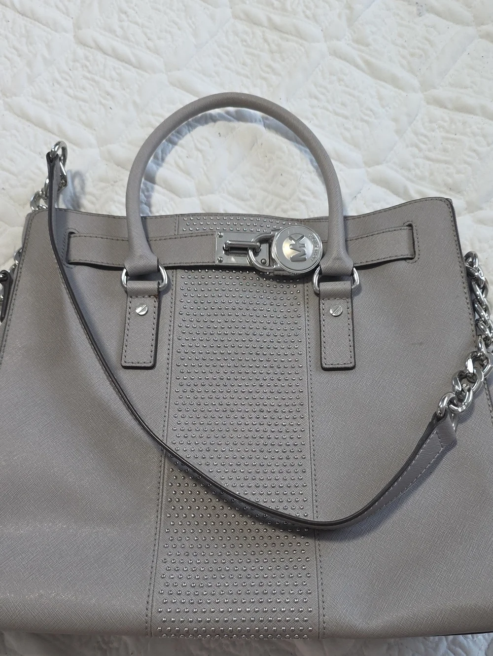 Michael Kors Silver-Gray Saffiano Studded Tote